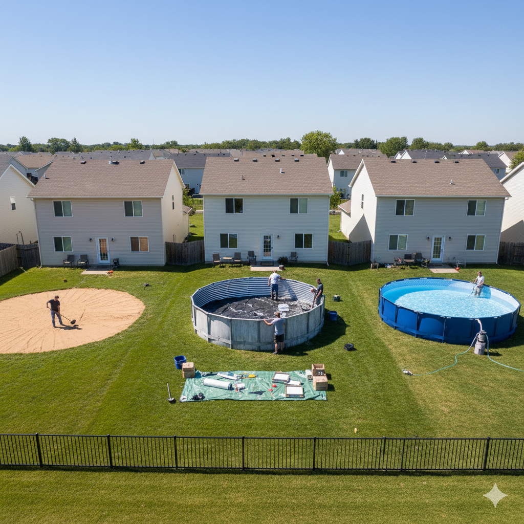 workers constructing a Above-Ground Pool